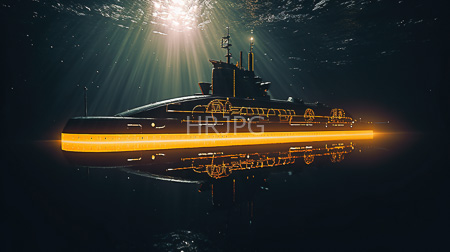 High Resolution: Underwater submarine illuminated by bright yellow lights reflecting on dark water below download. | HRJPG.com
