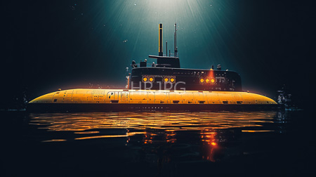High Resolution: Illuminated yellow submarine with black accents floating in dark water under bright greenish-blue light beams download. | HRJPG.com