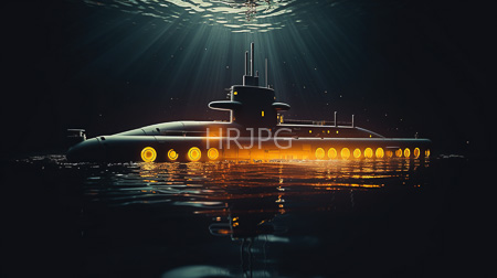 High Resolution: Underwater submarine illuminated by bright yellow circular lights along its side with sunlight rays piercing through dark water download. | HRJPG.com