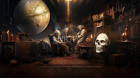 High Resolution: Three elderly men with white hair in Victorian attire sitting around an ornate wooden table download. | HRJPG.com