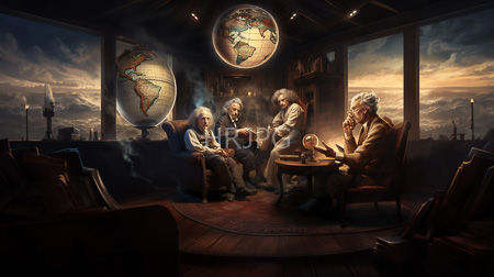 High Resolution: Four elderly individuals with white hair sitting in an illuminated room surrounded by large globe models download. | HRJPG.com