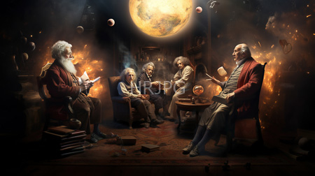 High Resolution: Five elderly men with white hair and beards dressed in period clothing seated around an ornate wooden table download. | HRJPG.com