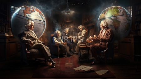 High Resolution: Five elderly white men in vintage suits seated around an ornate wooden table with papers and books scattered download. | HRJPG.com