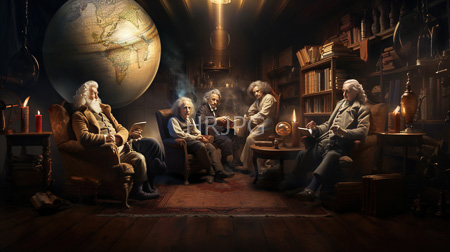 High Resolution: Four elderly white men with long flowing gray hair and beards in period clothing sitting around an ornate wooden table download. | HRJPG.com