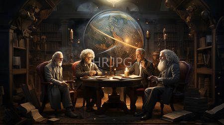 High Resolution: Four elderly men with white hair and beards seated around an ornate wooden table in dim lighting within a library-like room download. | HRJPG.com