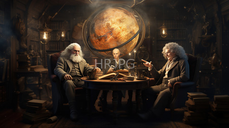 High Resolution: Three elderly men with white hair and beards seated around an ornate wooden table in dim-lit library room download. | HRJPG.com