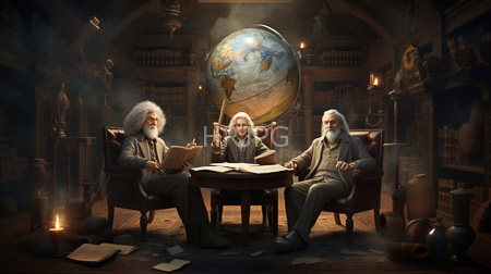 High Resolution: Three elderly white-bearded men with long hair in medieval-style robes seated around an ornate wooden table download. | HRJPG.com