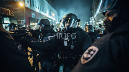 High Resolution: Nighttime street protest featuring heavily armed police officers in black tactical gear and helmets download. | HRJPG.com