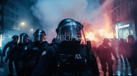 High Resolution: Police officers in black riot gear advancing through an urban night street filled with smoke and orange light download. | HRJPG.com