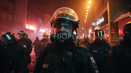 High Resolution: Police officers in dark tactical gear and transparent riot helmets standing on an urban street at night download. | HRJPG.com