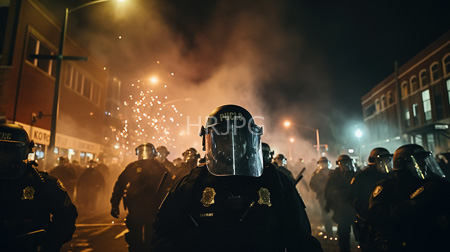 High Resolution: Nighttime street protest featuring police officers in black riot gear surrounded by smoke filled air from tear gas canisters download. | HRJPG.com