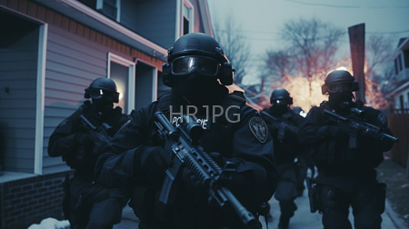 High Resolution: Four heavily armed masked police officers in tactical gear and helmets advancing towards suburban houses at dusk download. | HRJPG.com