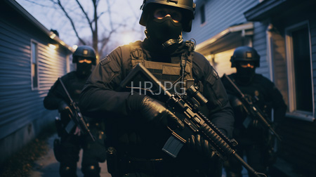 High Resolution: Three heavily armed masked police officers in tactical gear and helmets walking down an alley at dusk download. | HRJPG.com