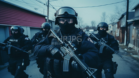 High Resolution: Three heavily armed police officers in black tactical gear walking down an urban street at dusk download. | HRJPG.com