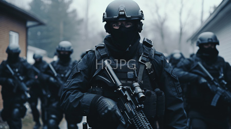 High Resolution: Five heavily armed masked soldiers in black tactical gear and helmets advancing through foggy suburban area at night download. | HRJPG.com