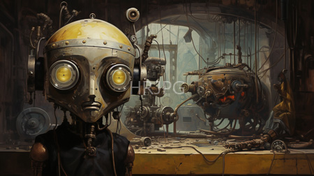 High Resolution: Industrial steampunk-style workshop featuring two metallic robots with yellow glowing eyes and worn textures download. | HRJPG.com