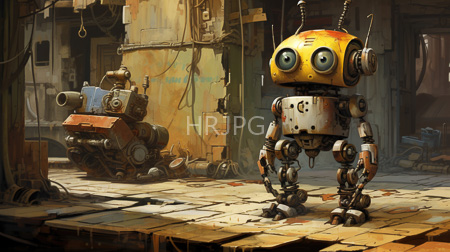 High Resolution: Two vintage-style robots in an industrial dim-lit workshop with worn walls and scattered tools download. | HRJPG.com
