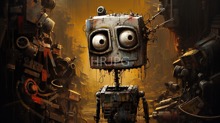 High Resolution: Anthropomorphic rusty metal robot with large round eyes and exposed wiring in front of industrial machinery download. | HRJPG.com