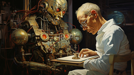 High Resolution: Elderly man with white hair and glasses sitting at a desk while interacting with a large humanoid robot download. | HRJPG.com