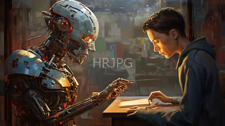 High Resolution: Intense scene between a human male and a humanoid robot with metallic cybernetic features illuminated by red lights download. | HRJPG.com