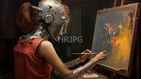 High Resolution: Anime-style female artist with robotic features including metallic head and arms wearing red sleeveless shirt download. | HRJPG.com