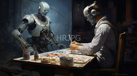 High Resolution: Artist in white attire wearing metallic headphones seated at a cluttered wooden table with paints brushes cups of paint water download. | HRJPG.com