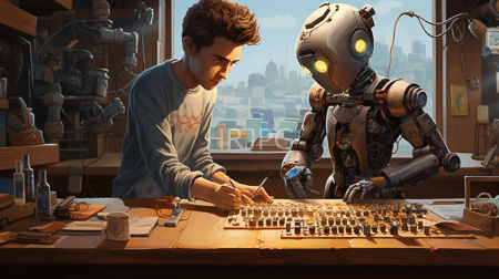 High Resolution: Inventor with curly brown hair working on a chessboard in his cluttered workshop beside a humanoid robot download. | HRJPG.com