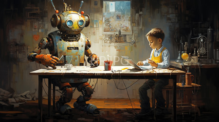 High Resolution: Industrial dim-lit workshop featuring a young boy and robot at a wooden table with scattered tools download. | HRJPG.com