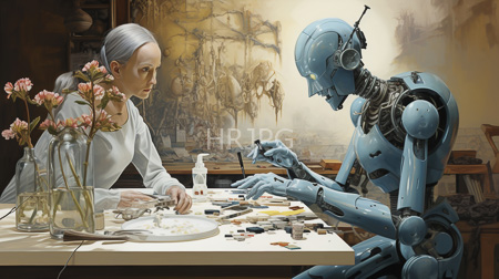 High Resolution: Elderly woman with white hair working alongside a blue humanoid robot at a cluttered desk filled with art supplies download. | HRJPG.com