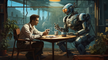 High Resolution: Human man in glasses wearing white shirt sleeves seated at wooden table beside metallic humanoid robot holding teacup download. | HRJPG.com