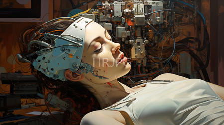 High Resolution: Unconscious woman with pale skin and brown hair wearing a white tank top with mechanical components attached to her head download. | HRJPG.com