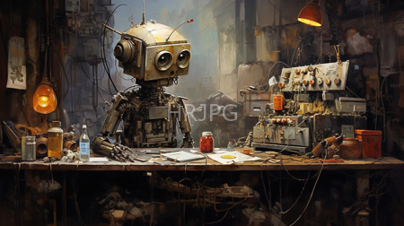 High Resolution: Old rusty robot with large round eyes and antennae working in cluttered workshop download. | HRJPG.com