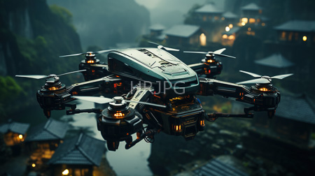 High Resolution: Advanced dark grey drone with six propellers and glowing orange lights hovering above misty mountainside village at night download. | HRJPG.com