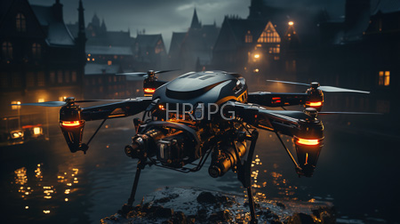 High Resolution: Advanced glowing drone with four propellers hovering over snow-covered rocks in front of medieval European townhouses at night download. | HRJPG.com
