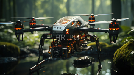 High Resolution: Advanced futuristic drone with four black propellers and glowing orange lights hovering above a forest stream download. | HRJPG.com