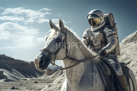 High Resolution: Astronaut in silver reflective spacesuit riding a white horse on rocky terrain under clear blue sky download. | HRJPG.com
