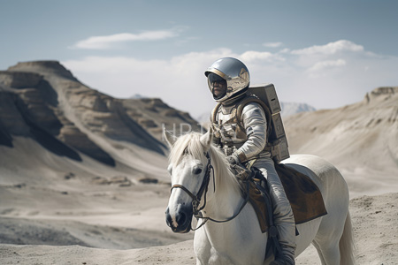 High Resolution: Astronaut in full white space suit riding a pale horse across barren desert-like terrain under clear blue sky download. | HRJPG.com