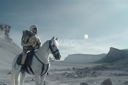 High Resolution: Astronaut in full white space suit riding a pale horse on a barren lunar landscape download. | HRJPG.com