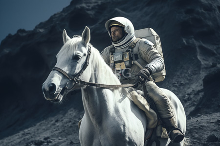 High Resolution: Astronaut in white space suit riding a large white horse on rocky terrain under dark blue sky download. | HRJPG.com
