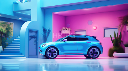 High Resolution: Aqua-blue modern SUV parked in front of a brightly lit house with neon pink and blue lighting download. | HRJPG.com