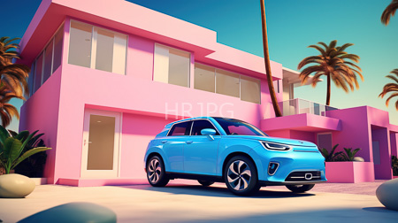 High Resolution: Bright blue SUV parked in front of a modern pink two-story house with large windows download. | HRJPG.com