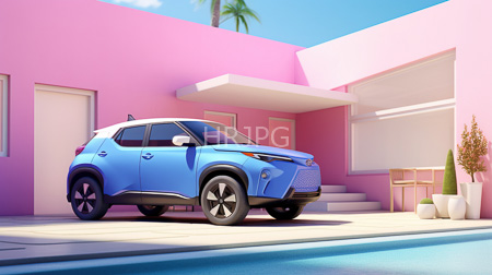 High Resolution: Blue compact SUV with black accents parked in front of pastel pink modern house download. | HRJPG.com