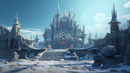 High Resolution: Icy futuristic cityscape with towering gothic-style structures adorned in metallic textures and intricate designs download. | HRJPG.com