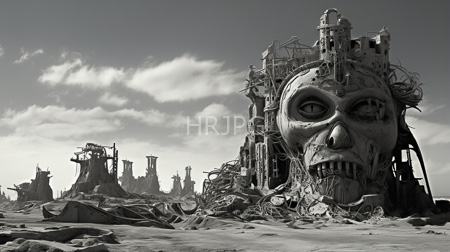 High Resolution: Eerie post-apocalyptic landscape with twisted ruins and mechanical structures featuring a large grotesque humanoid face made of metal parts download. | HRJPG.com