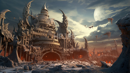 High Resolution: Eerie fantasy-style cityscape at sunset with twisted organic architecture resembling coral or bone structures download. | HRJPG.com