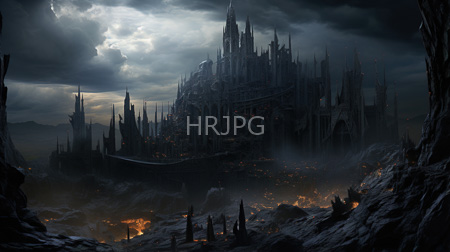High Resolution: Ominous gothic castle with towering spires and intricate architecture under stormy skies filled with dramatic clouds download. | HRJPG.com