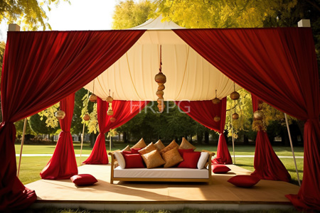 High Resolution: Outdoor tented lounge area with red velvet curtains white canopy roof adorned by hanging lanterns download. | HRJPG.com
