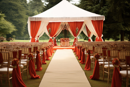 High Resolution: Outdoor wedding setup featuring rows of wooden chairs with red fabric sashes leading to a white and orange tented altar download. | HRJPG.com