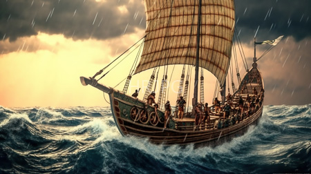 High Resolution: Ancient wooden ship with large beige sails navigating turbulent ocean waves during sunset and rainstorm download. | HRJPG.com