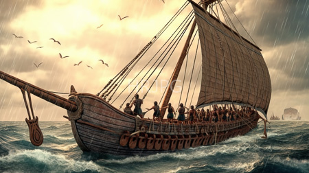 High Resolution: Ancient wooden sailing ship with large tattered sails navigating stormy waters under cloudy skies download. | HRJPG.com